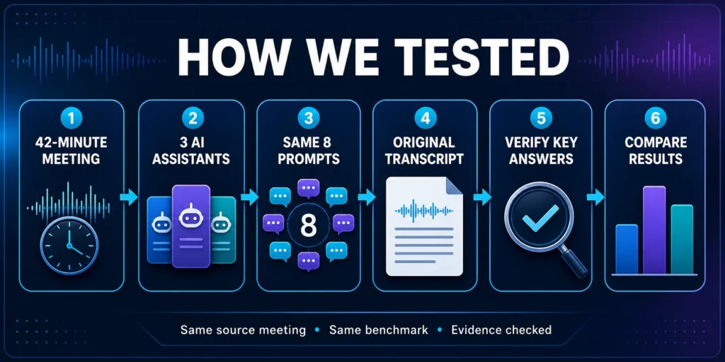AI meeting assistant testing methodology comparing Fireflies AI, Otter AI and MeetGeek