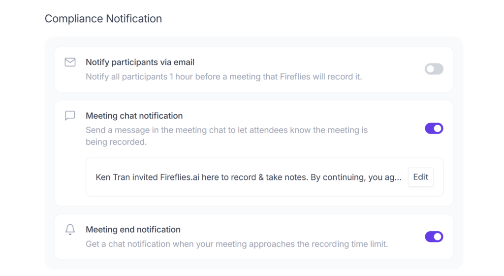 Fireflies AI participant notification and recording consent controls