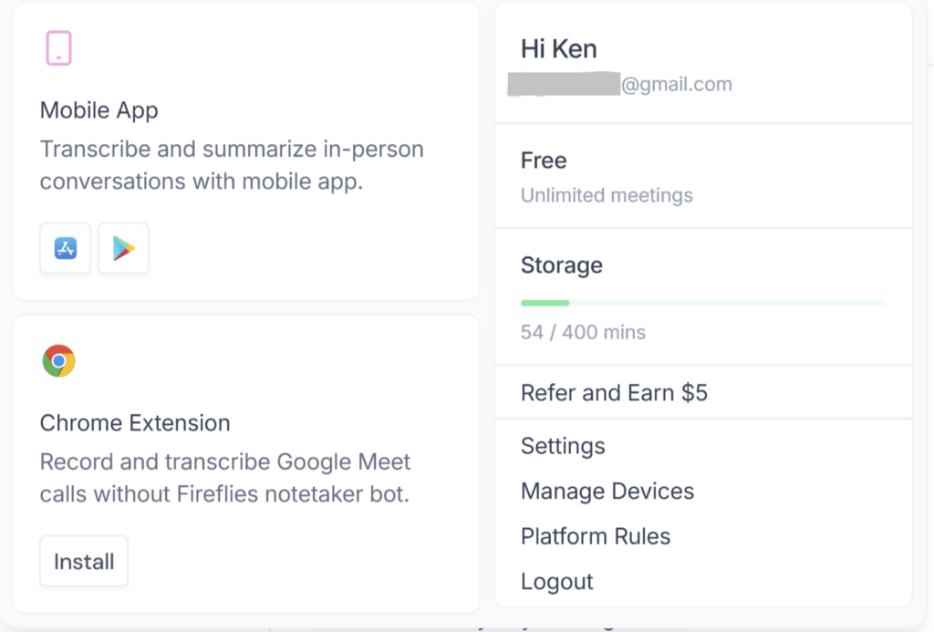 Fireflies AI Free plan showing 400 minutes of shared workspace storage
