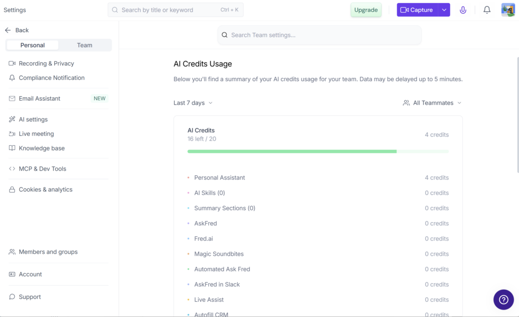 Fireflies AI Free workspace showing 20 shared AI credits