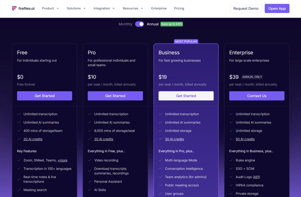 Fireflies AI pricing for Free, Pro, Business and Enterprise plans