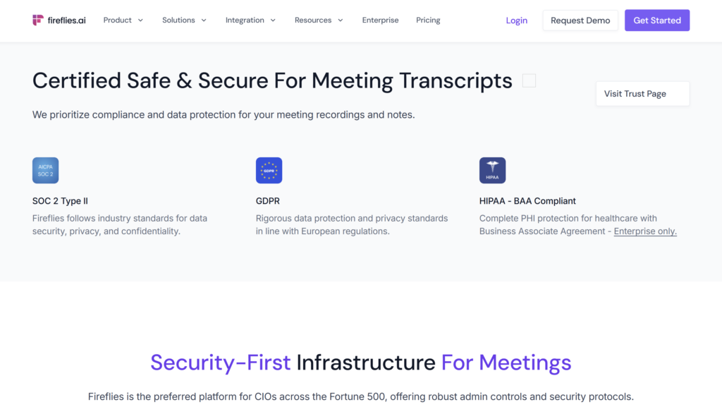 Fireflies AI security controls including encryption and SOC 2 Type II