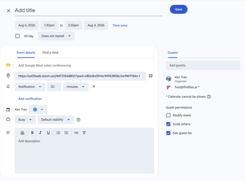 How to Use Fireflies AI. Fireflies schedule-meeting with Google Calendar
