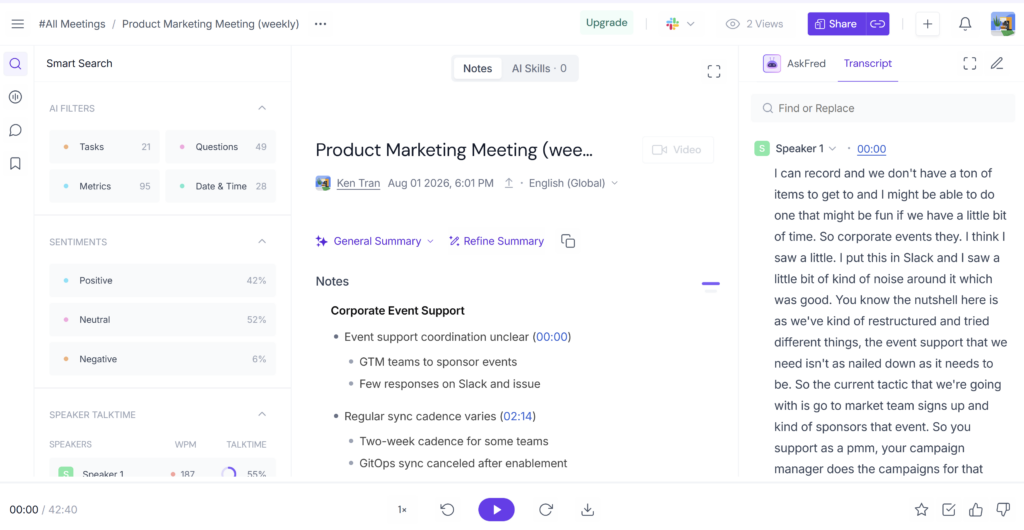 Fireflies AI meeting overview with transcript summary and action items