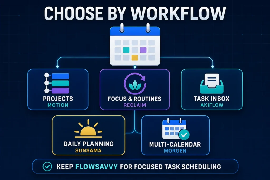 FlowSavvy alternatives decision map for projects focus time task consolidation daily planning and multiple calendars