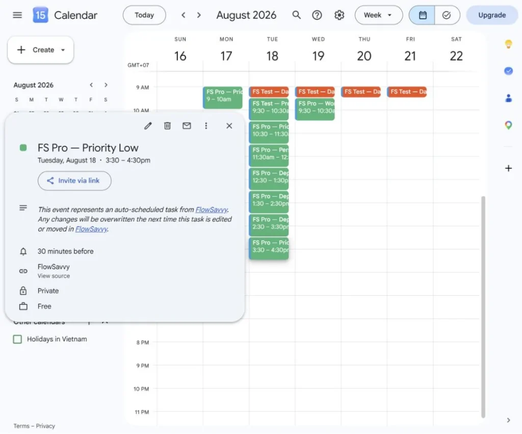 FlowSavvy tasks displayed in a connected Google Calendar