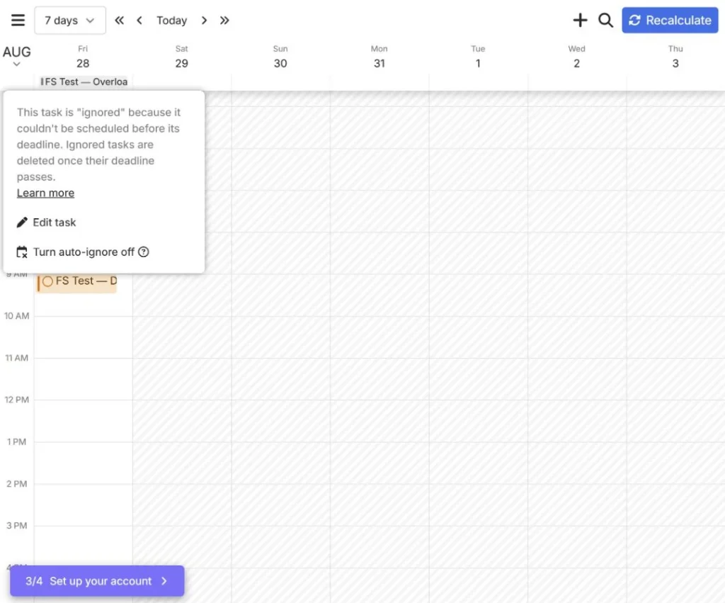 FlowSavvy ignored-task detail with Edit task and Turn auto-ignore off controls