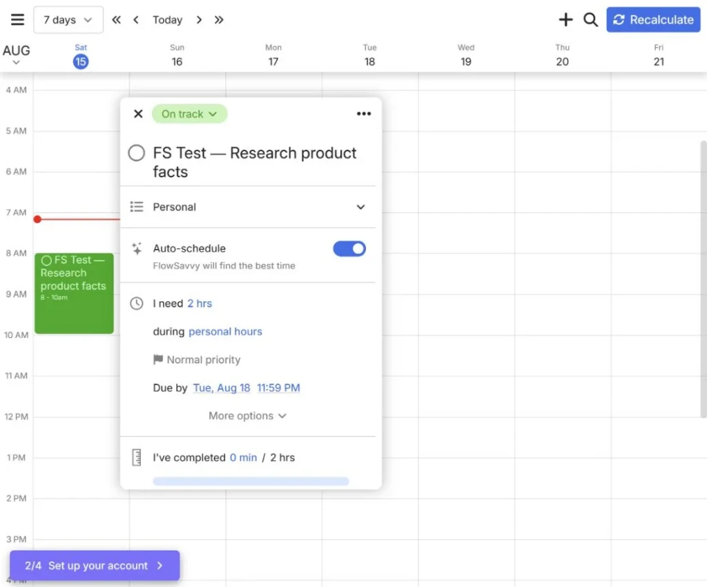 FlowSavvy initial schedule placing three flexible tasks into calendar blocks