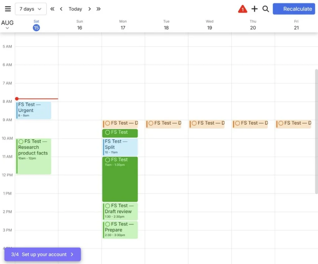 FlowSavvy splitting a three-hour task into two segments around a fixed event