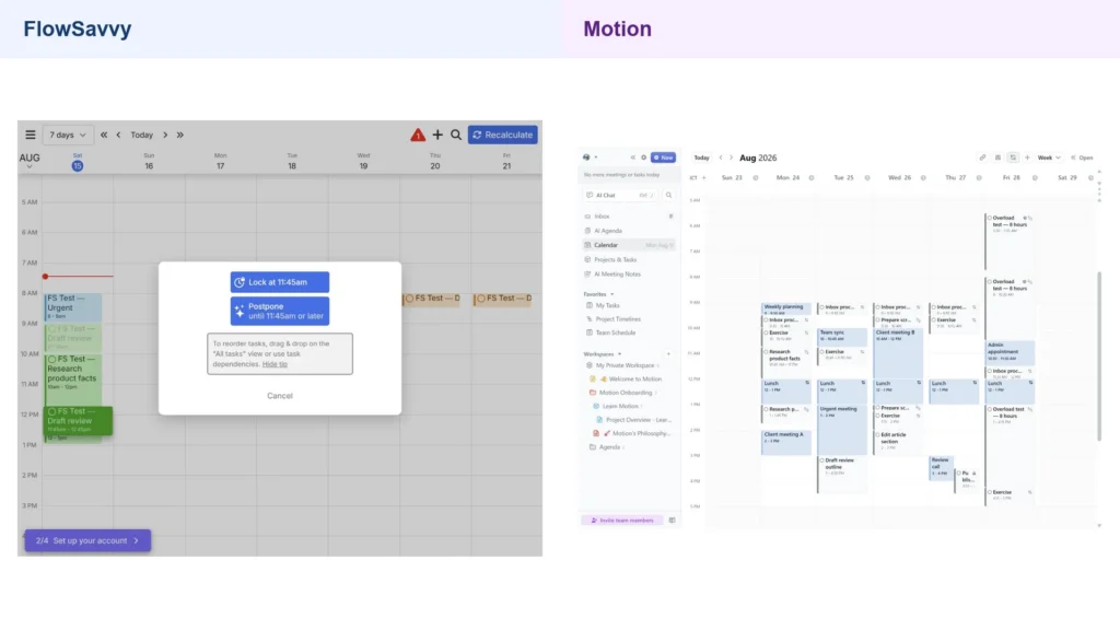 FlowSavvy Lock or Postpone prompt beside a manually fixed Motion task