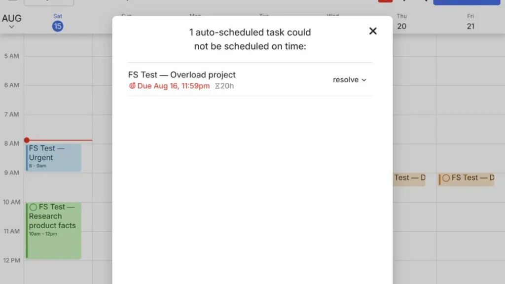 FlowSavvy warning panel identifying an unscheduled 20-hour task