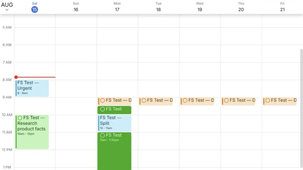 FlowSavvy splitting a three-hour task into two blocks around a fixed event