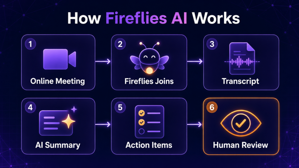 Fireflies AI workflow from online meeting to transcript, AI summary, action items, and human review