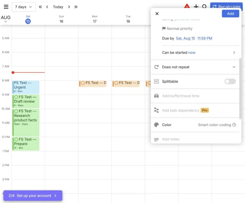 FlowSavvy new task form with auto-schedule duration scheduling hours and due date options
