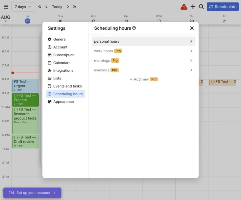 FlowSavvy scheduling hours screen showing one Free profile and additional Pro profiles