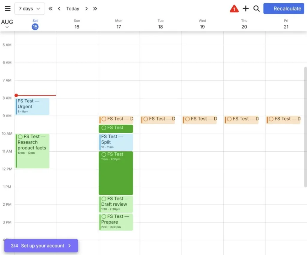 FlowSavvy splitting a three-hour task into two blocks around a one-hour event