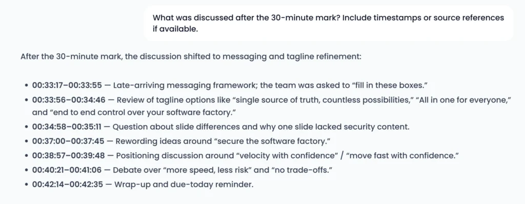 MeetGeek Chat answer showing discussion topics after the 30-minute mark with timestamps