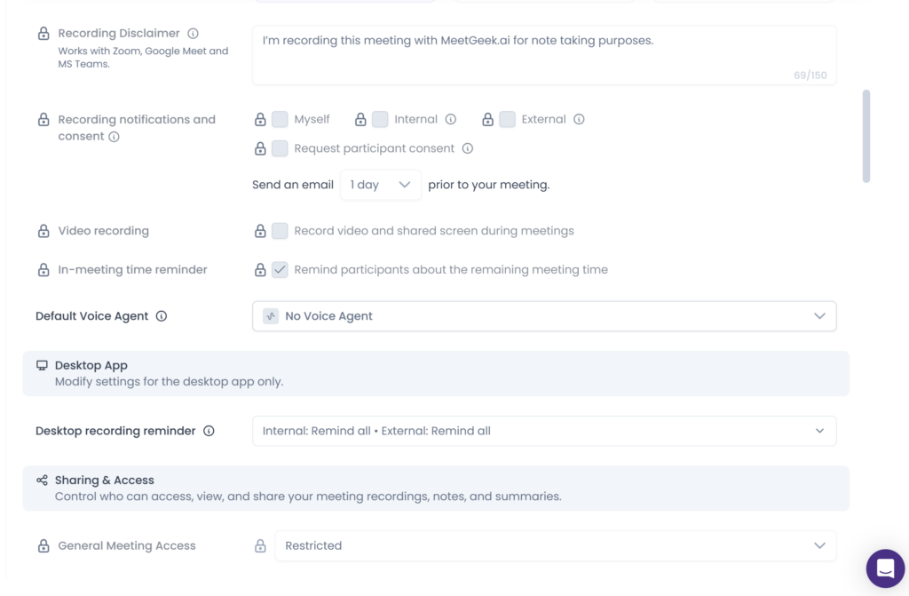 MeetGeek settings for recording consent, meeting access, and summary email delivery