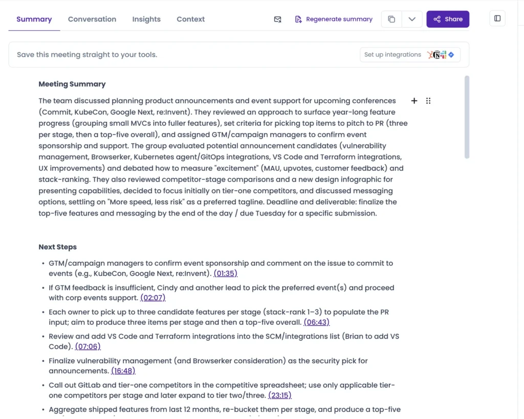 MeetGeek meeting summary with timestamped next steps and AI Chat panel