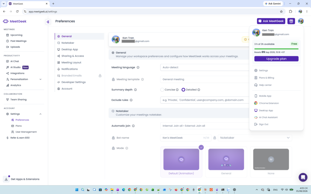 MeetGeek Free account showing three transcription hours available per month