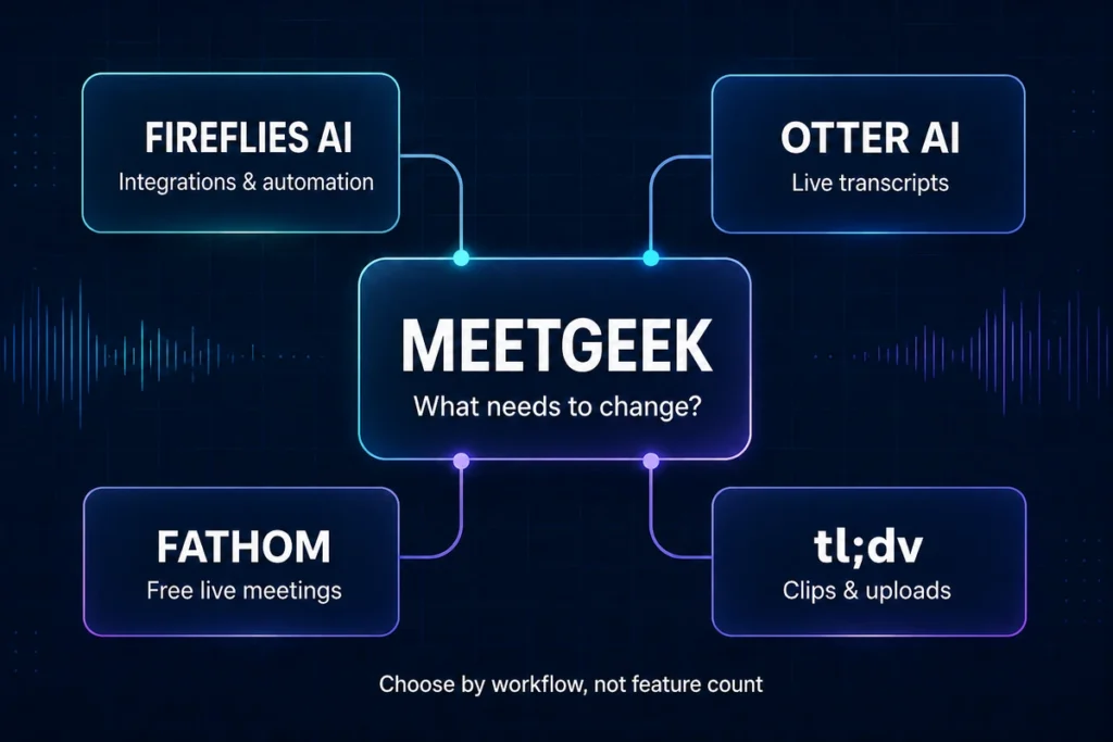 MeetGeek alternatives organized by integrations live transcripts free meetings and clips