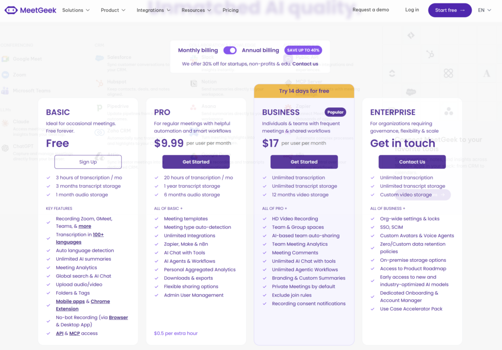 MeetGeek pricing comparison showing Basic, Pro, Business, and Enterprise plans