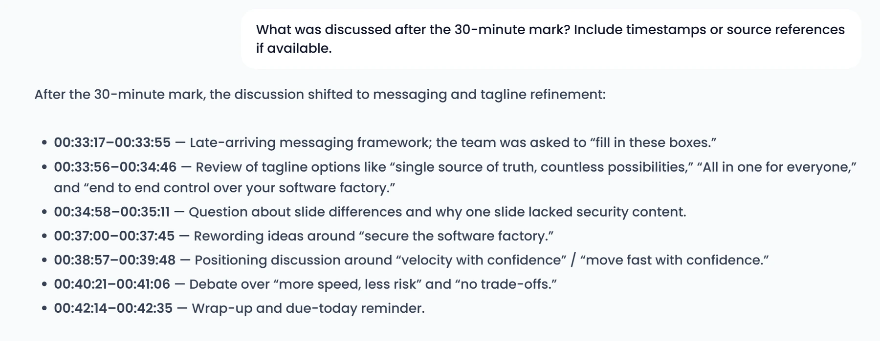 MeetGeek Chat response listing discussion topics after the 30-minute mark with timestamps