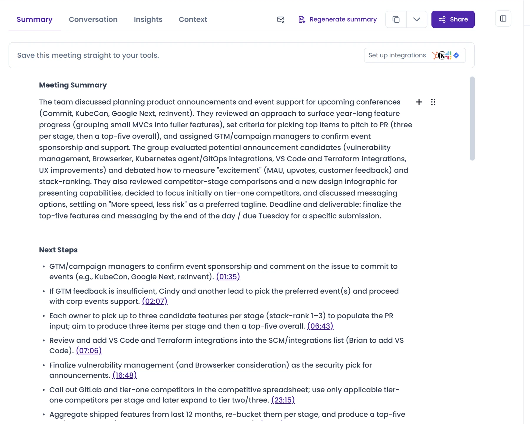 MeetGeek meeting summary with timestamped next steps and AI Chat panel