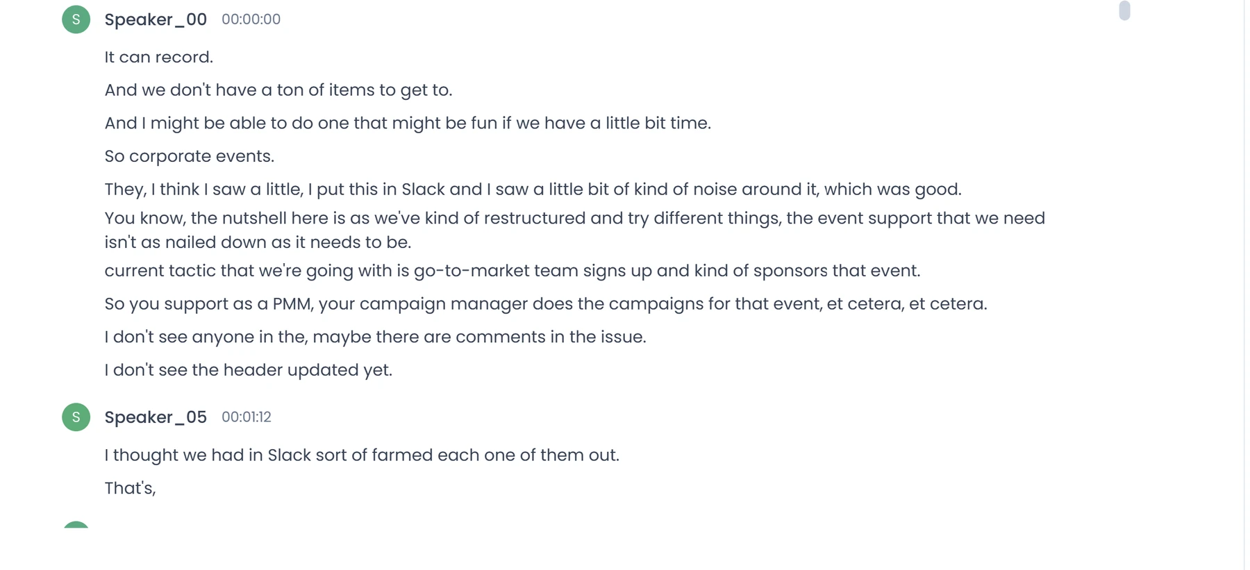 MeetGeek transcript with timestamps and anonymous speaker labels