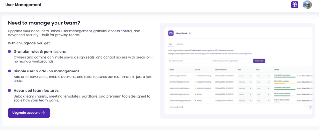 MeetGeek user management screen showing team features available after upgrading