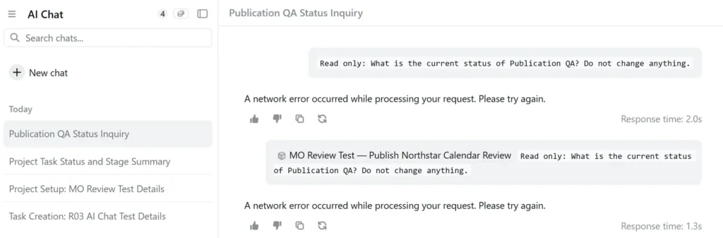 Motion AI Chat displaying network errors for read-only requests with and without project context