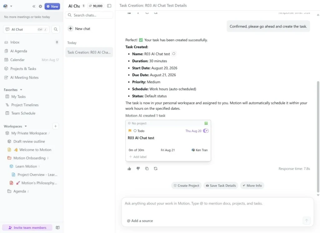 Motion AI Chat-created task showing a saved start date one day earlier than confirmed