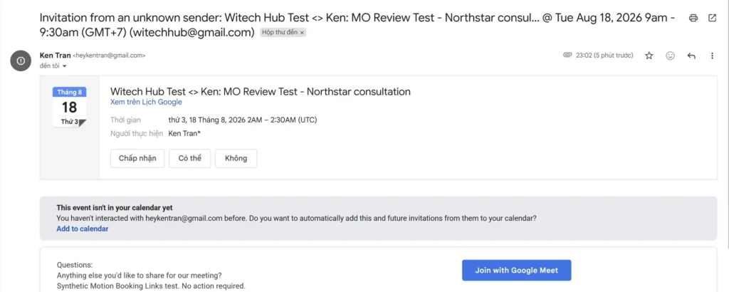 Gmail inbox showing a Motion Booking Links invitation received by the authorized test guest