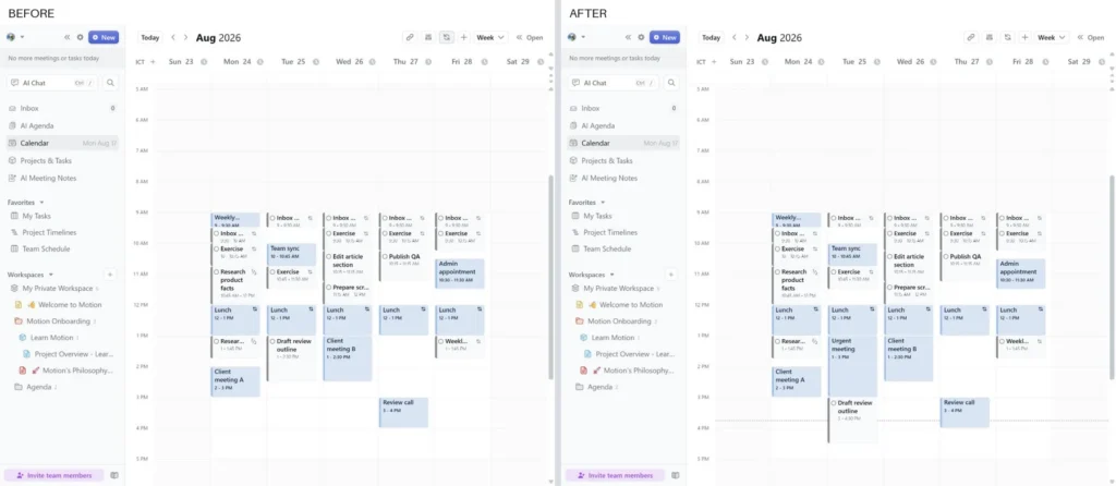 Motion calendar before and after an urgent Tuesday meeting moved an affected task
