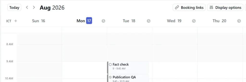 Motion calendar scheduling Fact check from 9 to 9:45 followed by Publication QA from 9:45 to 10:15
