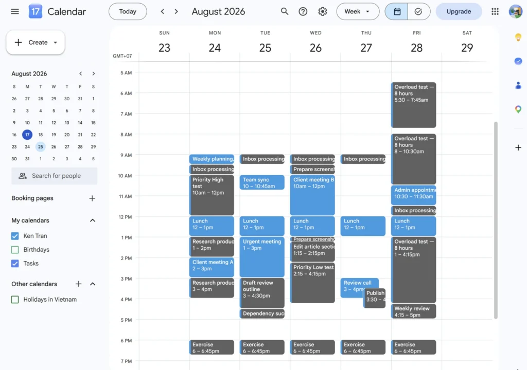 Google Calendar displaying Motion tasks as Free calendar blocks among fixed events