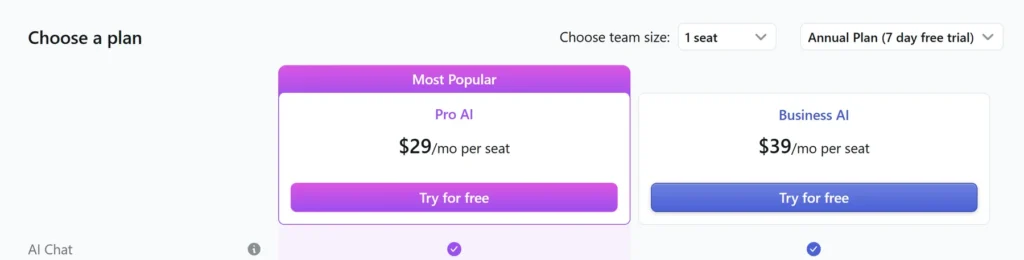 Motion plan selector showing one seat, annual plan, seven-day trial, and Pro AI at $29 per month