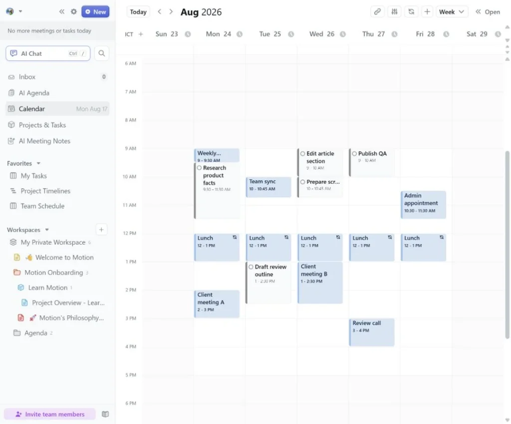 Motion calendar showing five flexible tasks scheduled around fixed meetings and lunch
