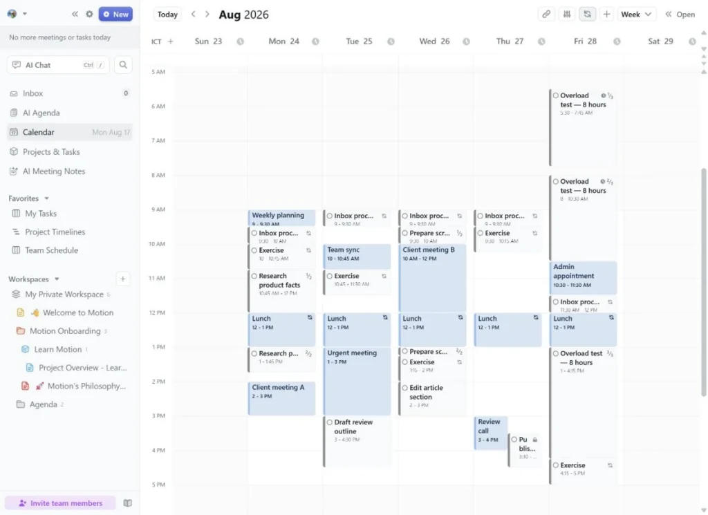 Motion calendar showing a manually fixed task overlapping part of a review call