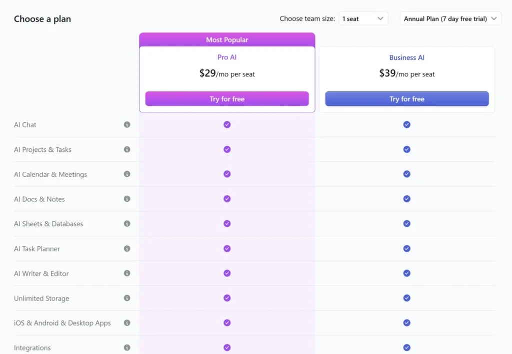 Motion annual seven-day trial selector showing one seat and Pro AI at $29 per month per seat