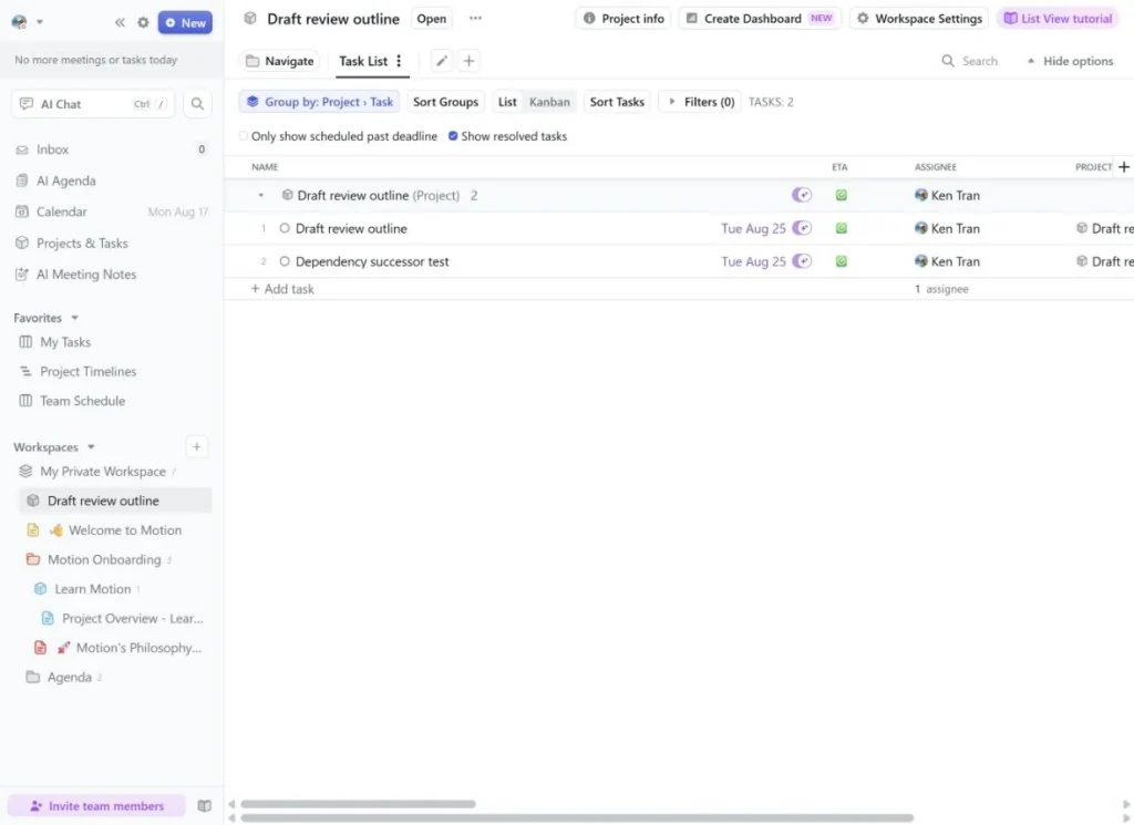 Motion project task list with project fields and dependency columns