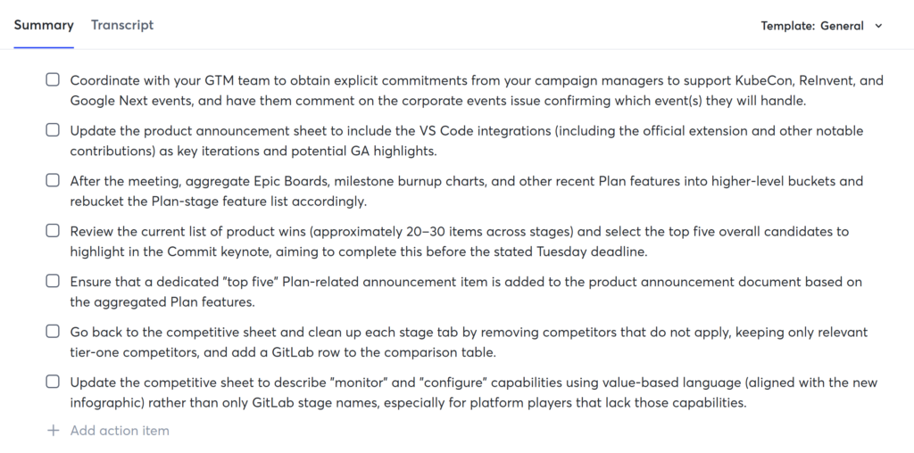 Otter AI summary and extracted meeting action items