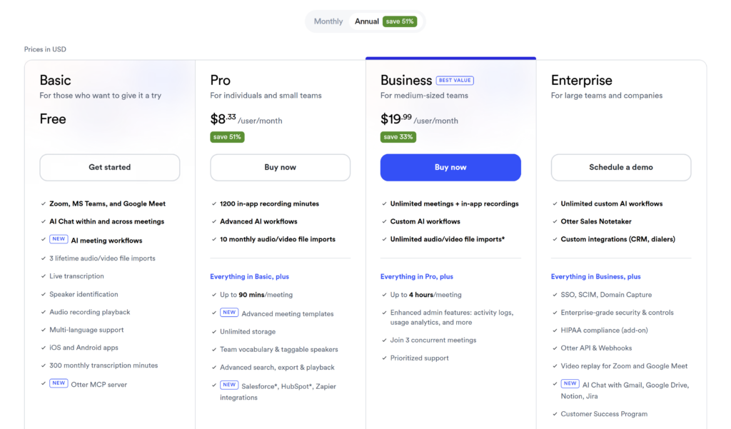 Otter AI Basic, Pro, Business, and Enterprise pricing plans