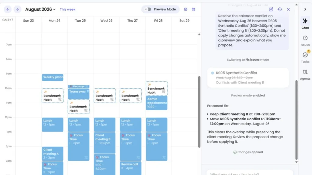 Reclaim Assistant explaining a proposed calendar conflict fix before applying it