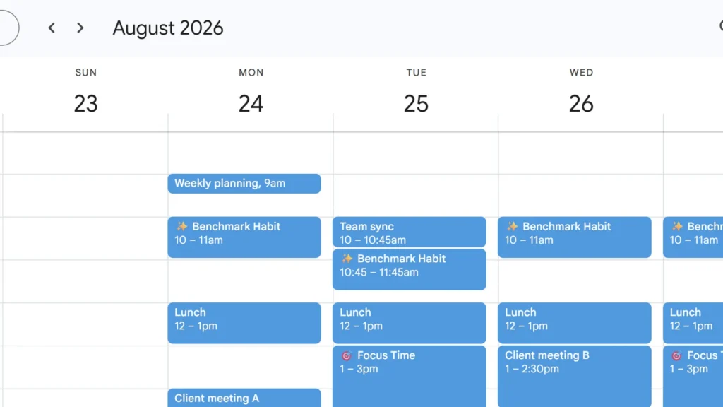 Google Calendar showing Reclaim Focus Time and Benchmark Habit blocks