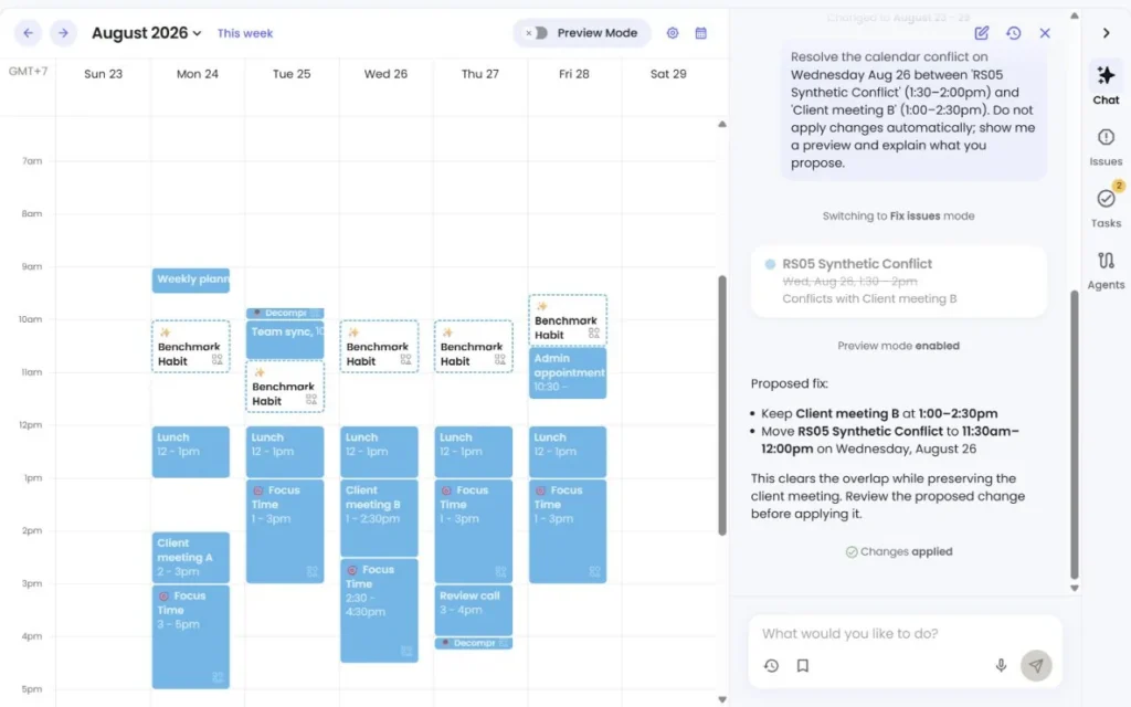 Reclaim Assistant conflict proposal with Preview Mode and approval step
