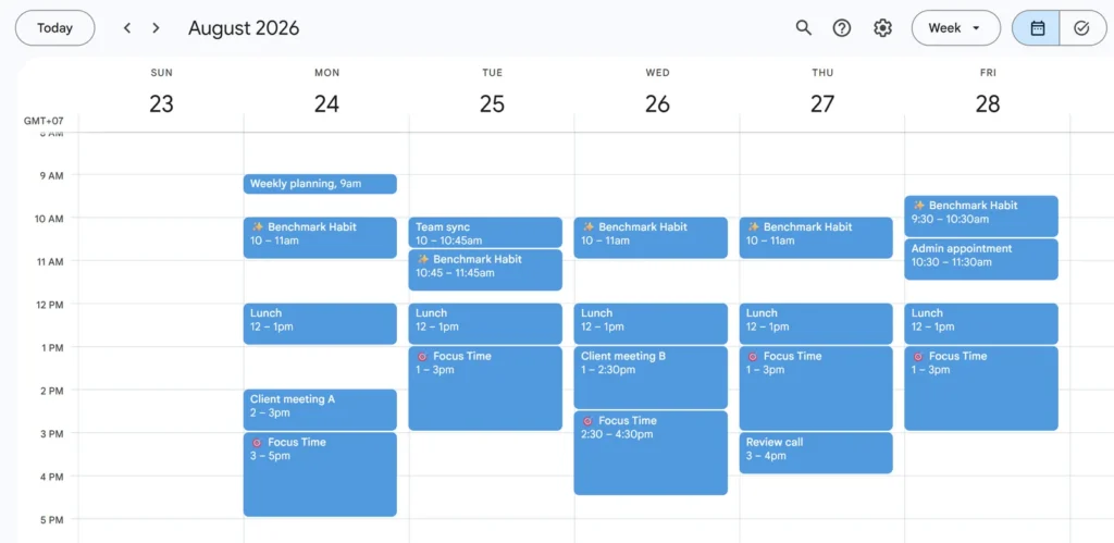 Google Calendar showing Reclaim Focus Time and Benchmark Habit blocks