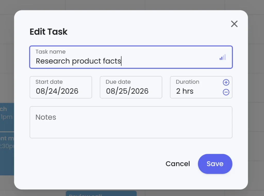 Reclaim 2.0 native Task form with dates duration notes and priority